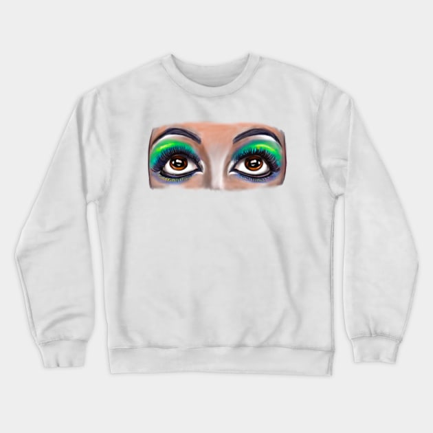 Lashes eyelashes, brown eyes looking upwards with green eye shadow on pink background. The eyes have it, beauty is in the eye of the beholder Crewneck Sweatshirt by Artonmytee